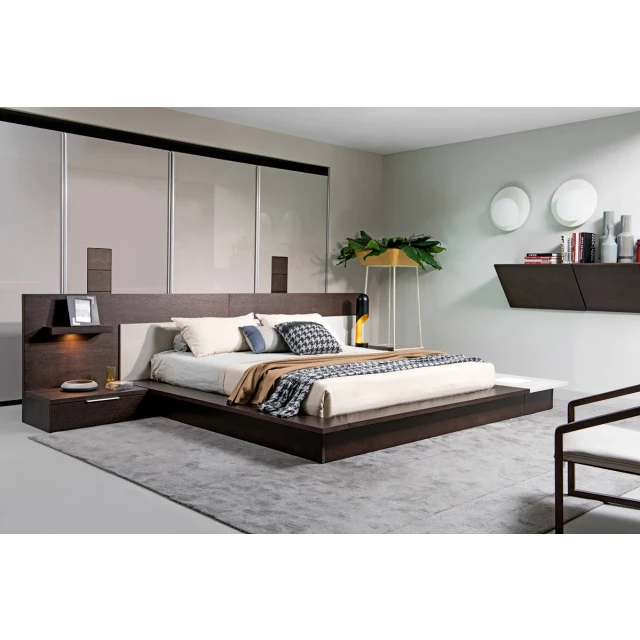 Grey veneer platform queen bed with integrated lights
