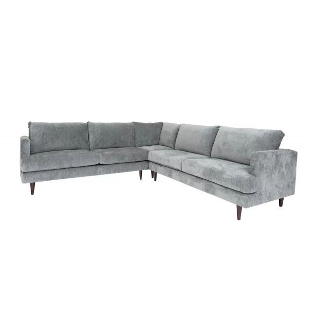 Silver velvet L-shaped sectional sofa with comfortable cushions and symmetrical design