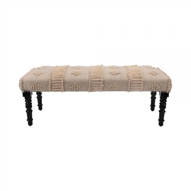 Leg abstract stripe dot upholstery bench with beige tones and wood and metal accents