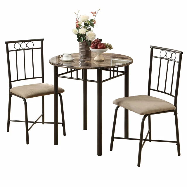Beige brown metal foam microfiber dining set with chairs and wood table accented by flowers