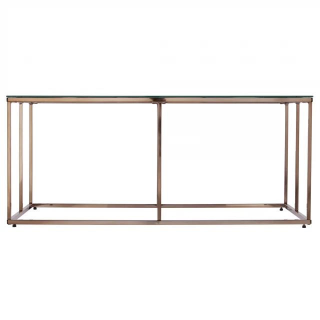 Champagne glass metal geometric coffee table with transparent and metallic elements in a rectangular shape