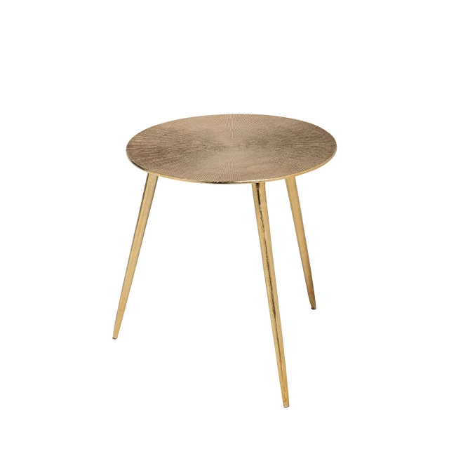 Gold metal round end table with wood accents suitable for outdoor furniture
