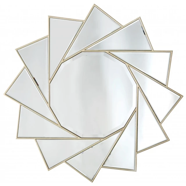 Gold-trimmed pinwheel mirror exhibiting symmetrical art patterns of triangles and circles