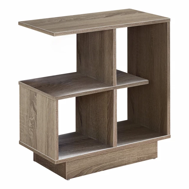 Taupe particle board laminate kitchen cart with shelving and hardwood plank design