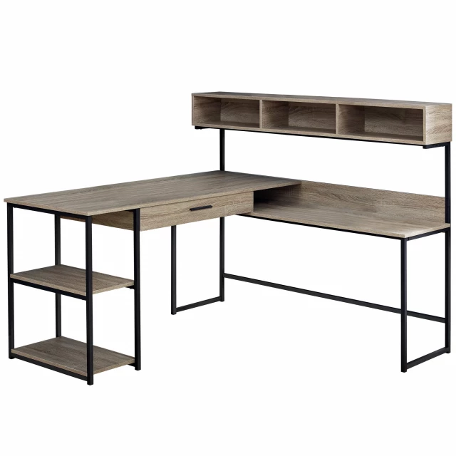 taupe black l shape computer desk with wood finish and rectangular design