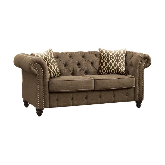 Brown linen black love seat with pillows on wooden outdoor furniture