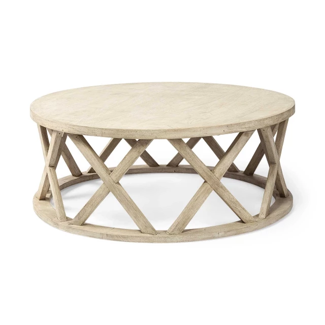 White solid wood round coffee table with natural materials and simple design