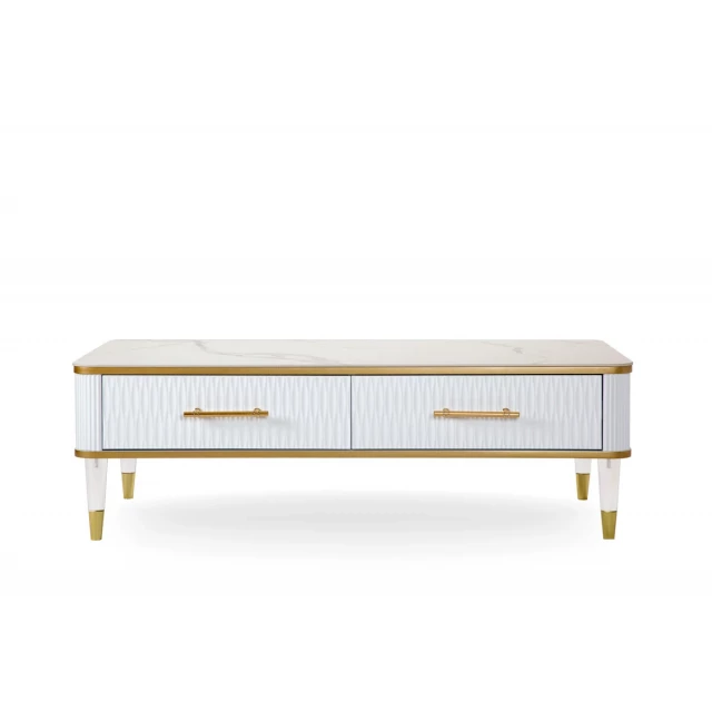 faux stone rectangular coffee table with drawer and wood accents