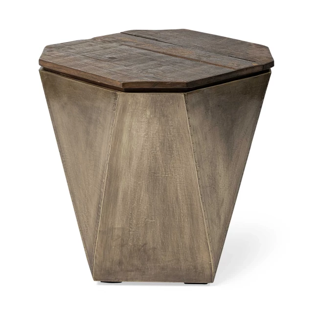 Natural wood hexagonal side table with hinged top and artistic stool design