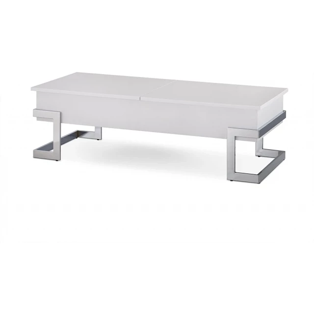 White silver rectangular lift coffee table with wood accents for modern interior design