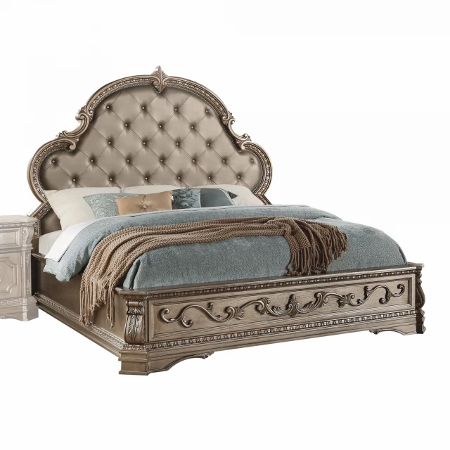 Queen antique champagne PU leather bed with ornate headboard design