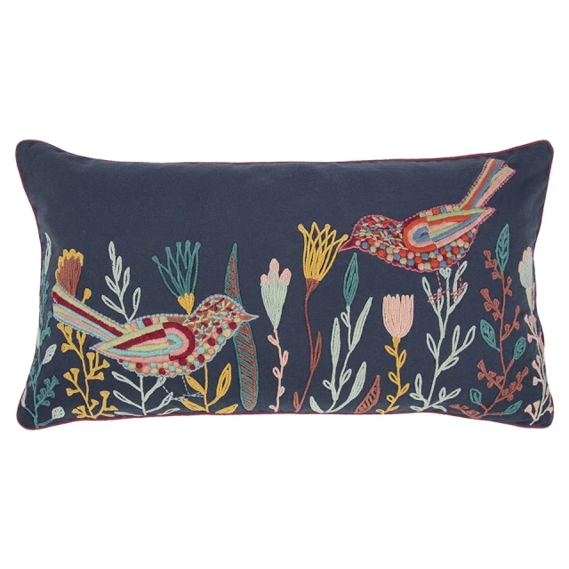 Blue botanical bird embroidered lumbar pillow with plant and pattern design