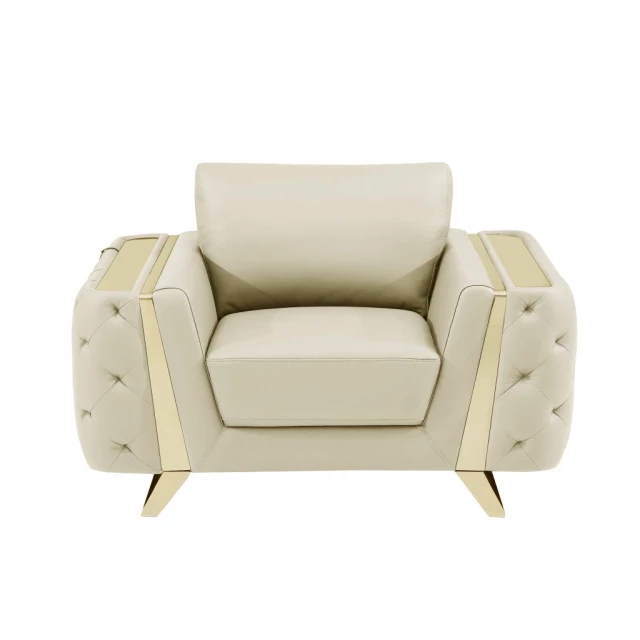Silver faux leather tufted arm chair with comfortable armrests and beige accents