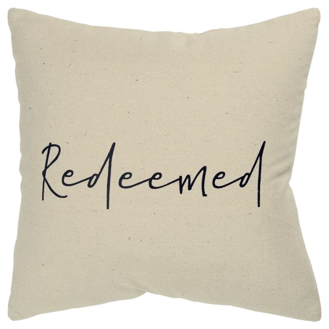 Black taupe canvas redeemed throw pillow with elegant font on textile bedding