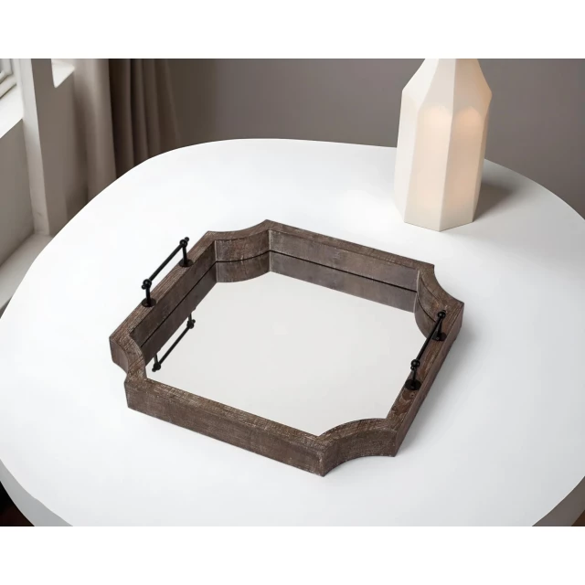wood mirrored glass serving tray with handles on table