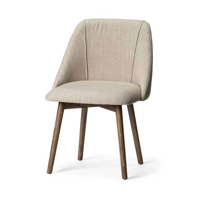 Cream brown upholstered fabric side chairs with wood rectangle pattern and comfortable natural materials