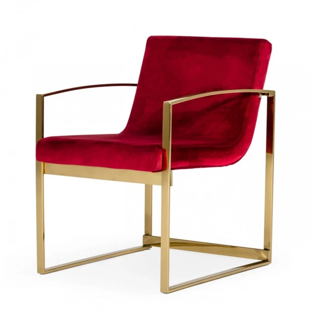 Lux red velvet gold armchair with comfortable armrests and wood accents in magenta shades