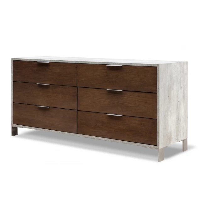 Modern walnut veneer dresser with steel and concrete drawers