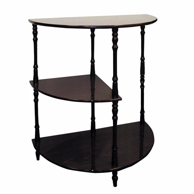 Wood half circle end table with shelves and metal accents suitable for outdoor use
