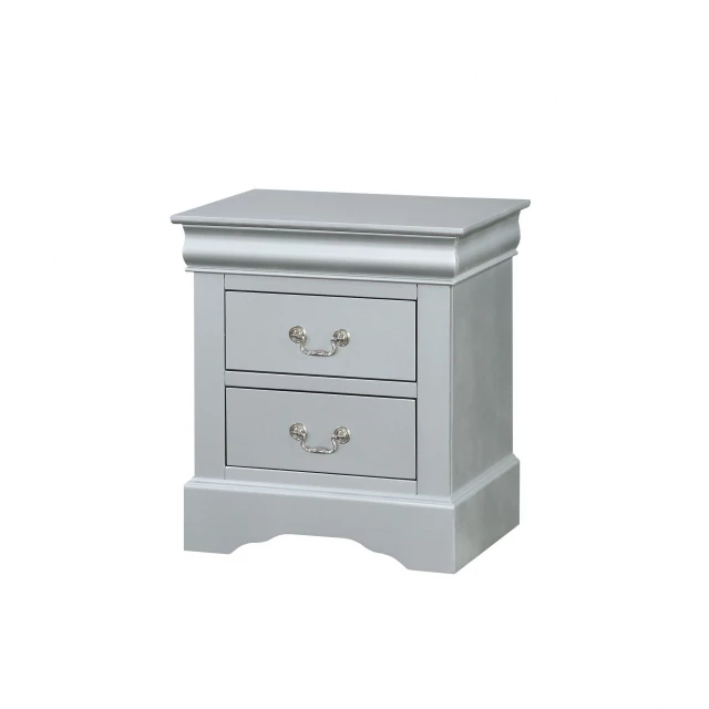 Platinum nightstand with drawers and metal accents in a sleek rectangular design