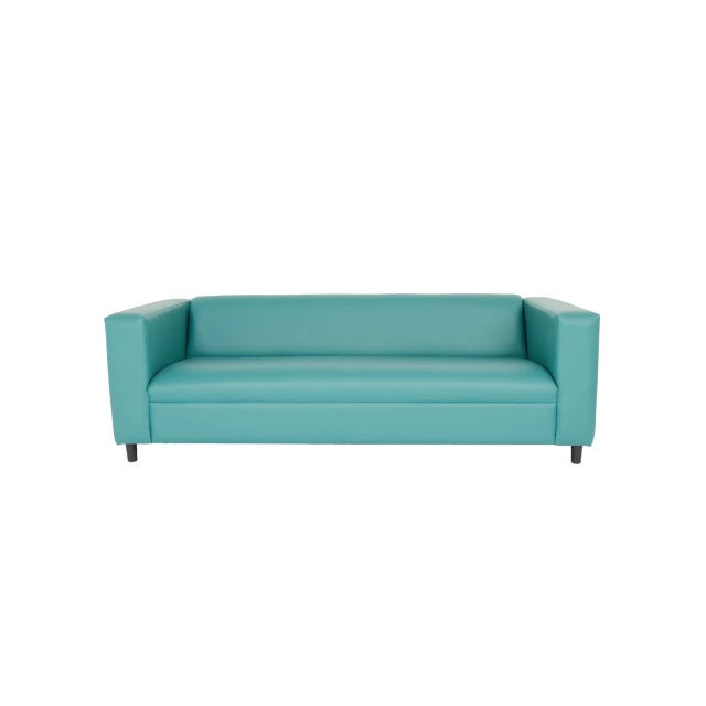 Blue faux leather sofa with comfortable rectangular studio couch design and aqua accents suitable for outdoor use