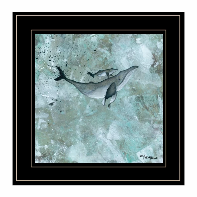 Black framed whale print wall art with bird and twig elements