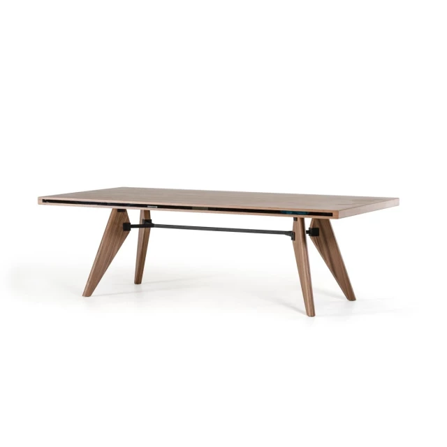 Rectangular solid manufactured wood dining table with outdoor and tableware elements