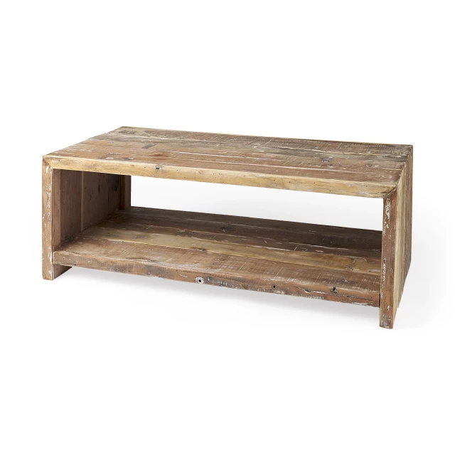 Natural solid wood coffee table with shelf and hardwood plank design