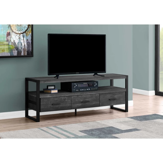 Black metal TV stand with drawers and shelving for entertainment center interior design