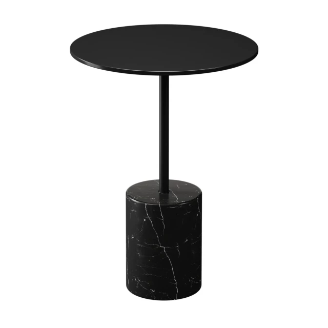 Steel marble round pedestal end table with glass and cylinder elements in a minimalist design