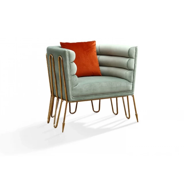Green tubular velvet gold lounge chair with armrests and hardwood details