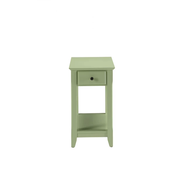 Pale green single drawer end table with wood stain and shelving