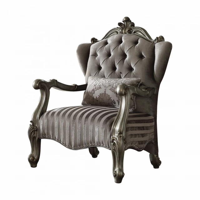 Platinum velvet striped tufted wingback chair with wood armrests for elegant comfort