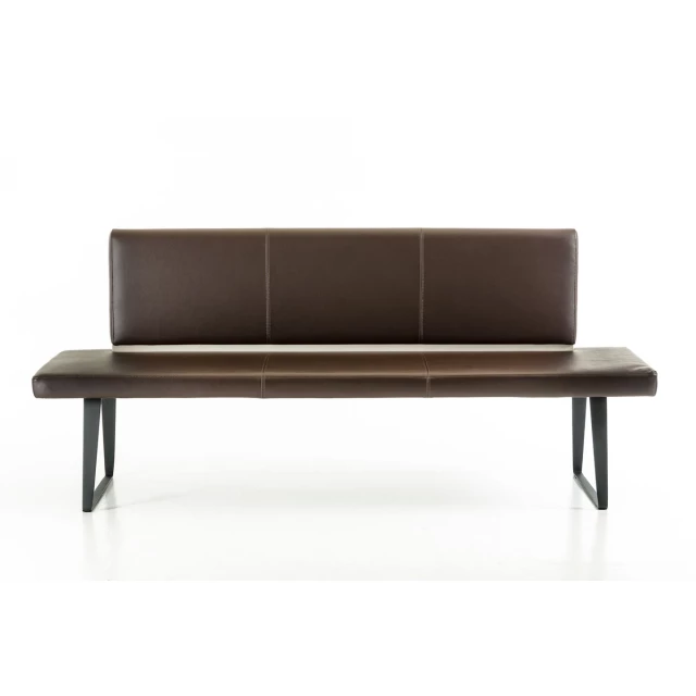 Brown black upholstered faux leather bench with wood stain finish and comfortable seating