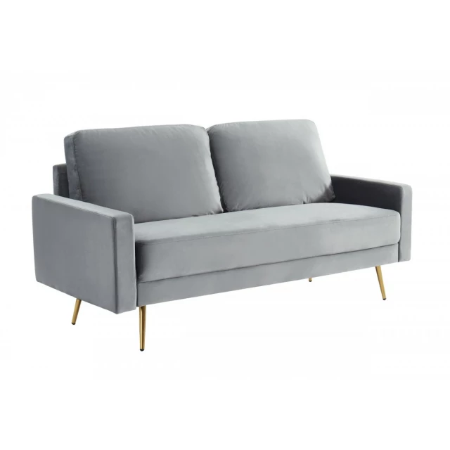 Grey velvet brass sofa with comfortable armrests and chic rectangle design