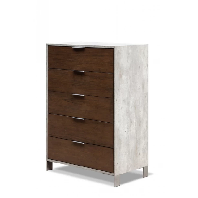 Grey manufactured wood five-drawer chest for bedroom storage