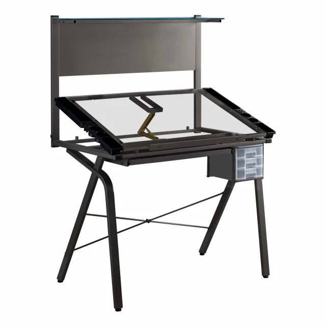 clear gray glass drafting table with drawers and metal legs