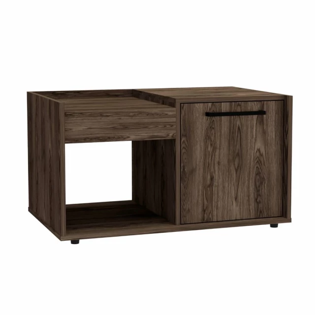 Rectangular manufactured wood coffee table with shelf and wood stain finish