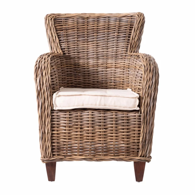 Wide edge wicker chair with seat cushion featuring wood armrests and comfortable rectangle design for outdoor furniture