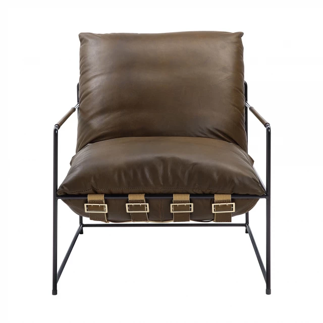 Grain leather steel solid lounge chair with hardwood and metal accents for outdoor furniture comfort