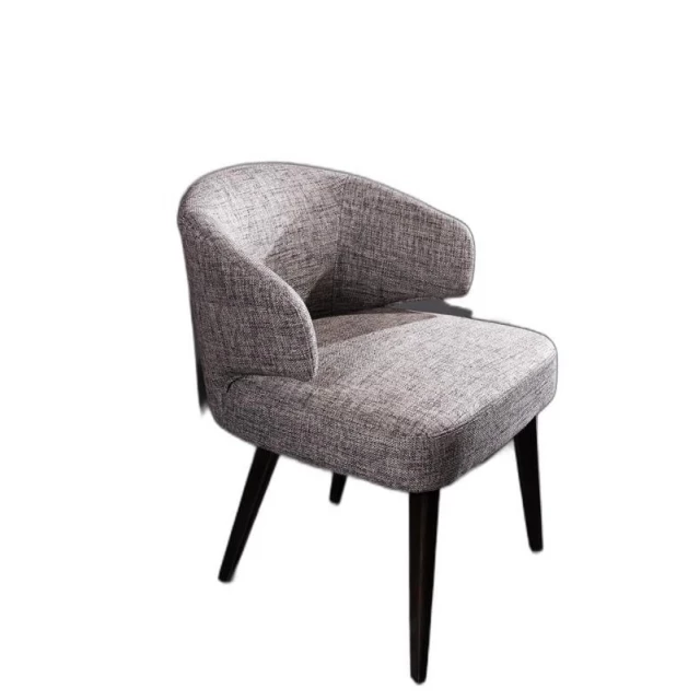 Grey fabric dining chair with wood legs and armrest for comfort