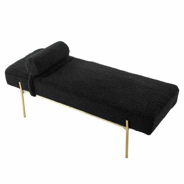 Black gold upholstered sherpa bench with elegant metal legs and modern design for home decor