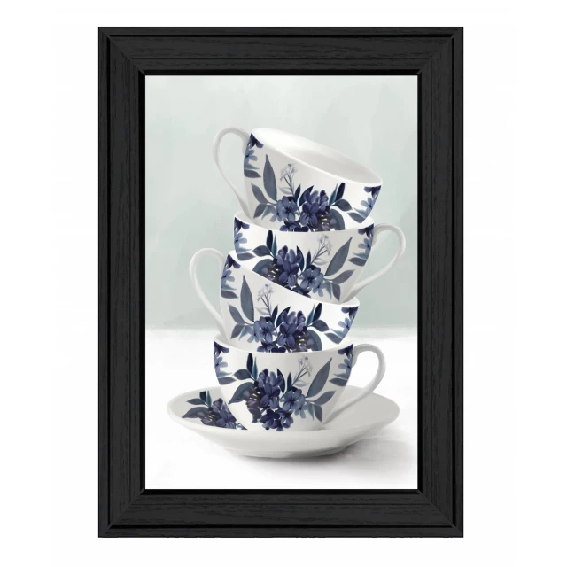 Blue black framed print wall art with picture frame and decorative vase on table
