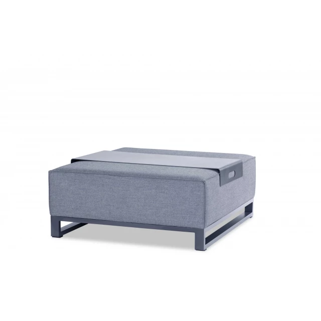 Gray linen cocktail ottoman with hardwood and metal details