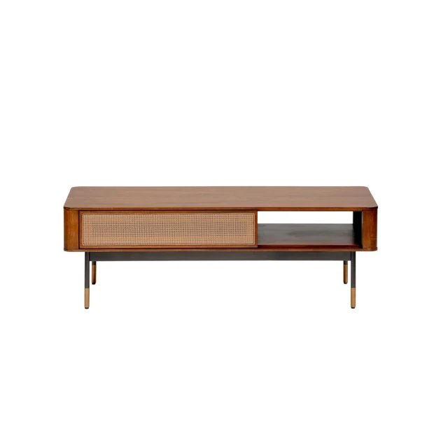 Brown black metal coffee table with wood plank shelf and rectangular wood stain finish