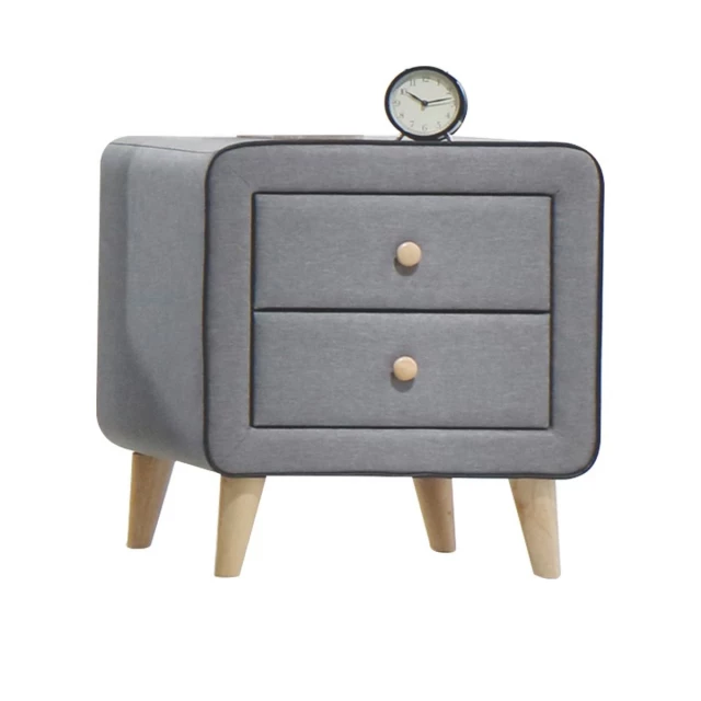 Light gray drawers nightstand with sleek metal handles and minimalist design