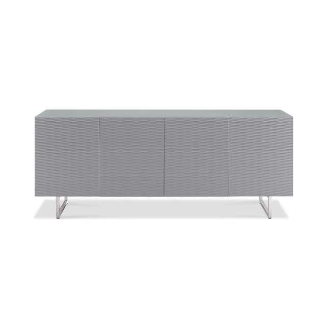 Gray metal buffet with electric blue accents and metal cylinder details