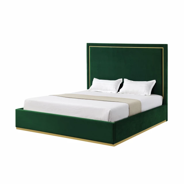 Solid wood queen upholstered velvet bed in a bedroom setting