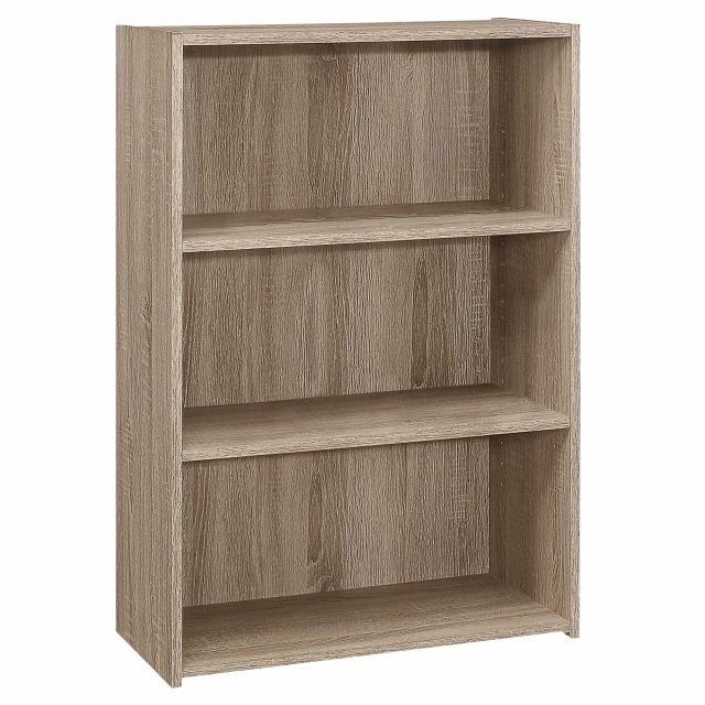 taupe wood adjustable bookcase with shelves and drawers