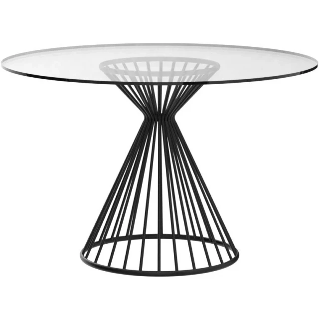 Glass iron pedestal base dining table with white art pattern and circle drawing